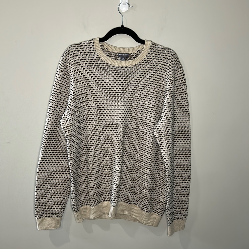 Van Heusen Flex Grandpa Sweater Navy Blue & Cream Pattern & Elbow Patches Size L